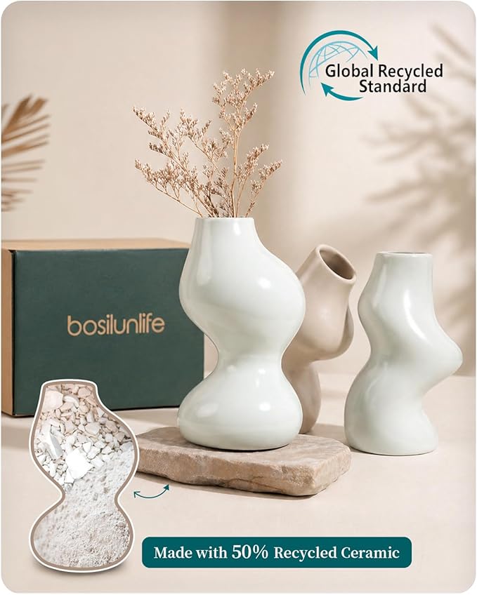 BosilunLife Decorative Vase Set of 3, Nested Interlocking Recycled Ceramic, Smooth Glossy Pastel Modern Decor, Sage Green & Khaki Centerpiece for Bookshelf