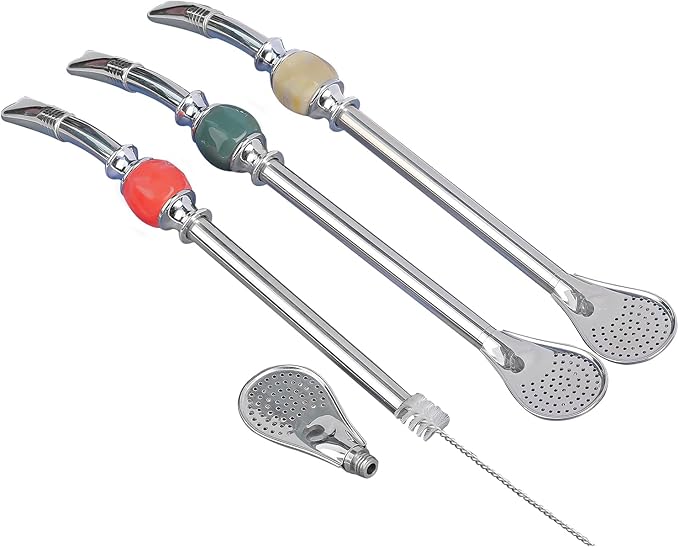 Premium Yerba Mate straws, Reusable stainless steel Bombilla Mate straw, with colorful beads - Bombilla for Mate gourd drinking and Bombilla set accessories, with removable head filter (Brown)