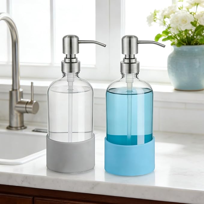 16 oz Hand and Dish Soap Dispenser Set for Kitchen and Bathroom, 500ml Clear Glass Soap Dispenser with Stainless Steel Pump, Non-Slip Silicone Sleeves, Labels - 2 Pack