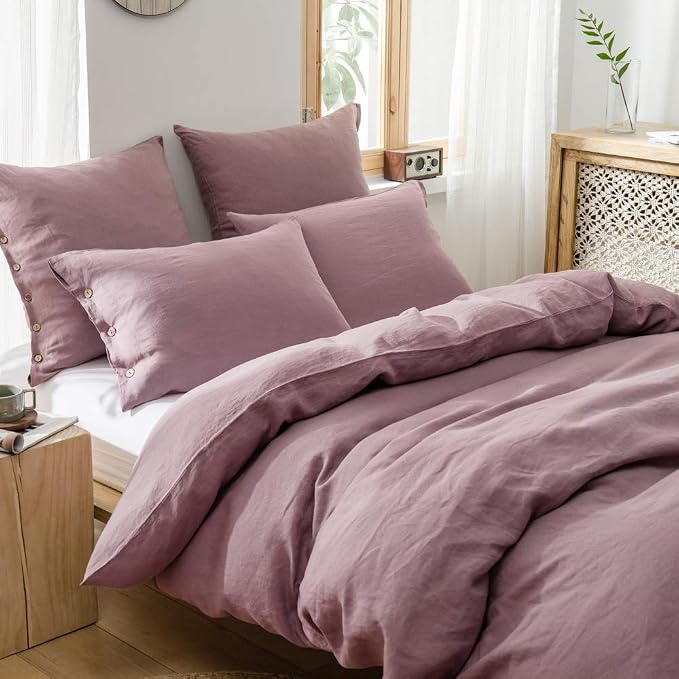 Simple&Opulence 100% Linen Duvet Cover Set 3pcs with Coconut Button Closure Natural French Washed Flax Solid Color Soft Breathable Farmhouse Bedding - Purple, King Size