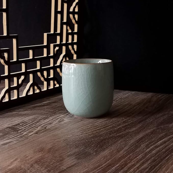 Handmade Celadon Teacups 5-Ounce Japanese Style Coffee Cup Glazed-Cracked Porcelain Mugs Beer (1, Grey Cracking)