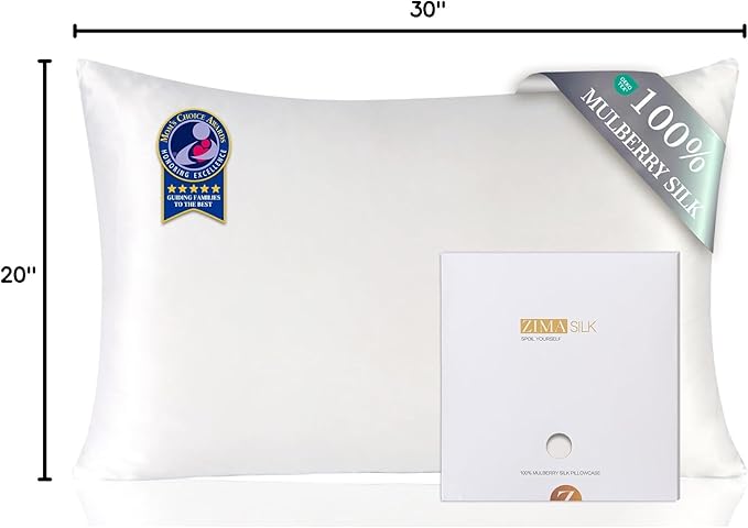 ZIMASILK 100% Pure Mulberry Silk Pillowcase for Hair and Skin Health,Soft and Smooth,Both Sides Premium Grade 6A Silk,600 Thread Count,with Hidden Zipper,1pc (King 20''x36'',White)