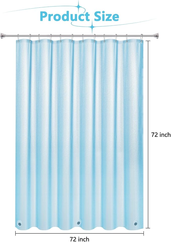 Seenus Waterproof Plastic Glitter Shower Curtain Sky Blue, Sparkle PEVA Shower Curtain Liner with 3 Large Magnets, 72 x 72 inch Baby Blue Blingbling Bathroom Decor Shower Curtain