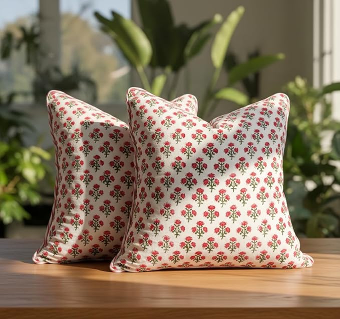 ATOSII Block Print Boho Throw Pillow Covers, 24 X 24, Set of 2, Decorative Couch Pillows for Living Room, 100% Cotton Canvas Acccent Pillows, Christmas Thanksgiving Fall Preppy Throws - Gulbahar Pink