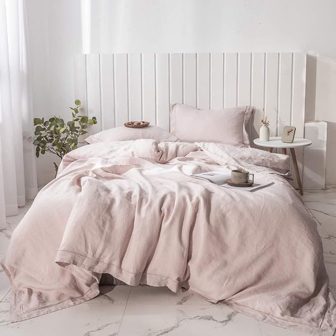 Simple&Opulence 100% Washed Linen Duvet Cover with Embroidered, 2 Pieces Soft Farmhouse Comforter Set with Button Closure,1 Duvet Cover and 1 Pillowsham(Twin,Dusty Pink)