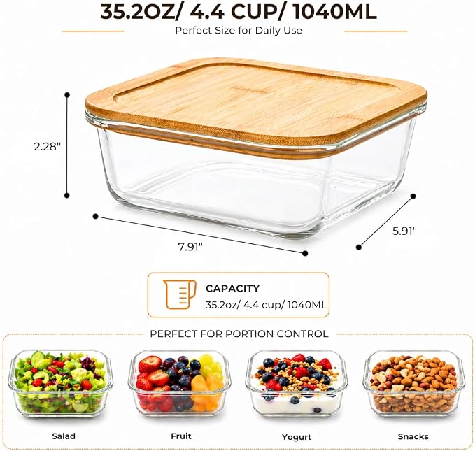 Kitchen Details Glass Food Storage Containers with Bamboo Lids, 3-Piece Set, Multi-Size Borosilicate Glass Meal Prep Containers, Airtight, Stackable, Microwave and Oven Safe