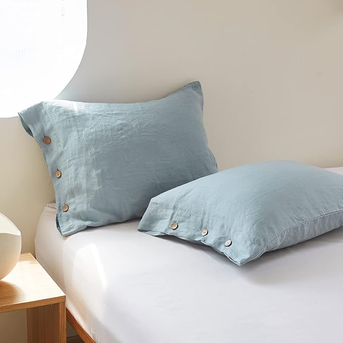 Simple&Opulence 100% Linen Duvet Cover Set 3pcs with Coconut Button Closure Natural French Washed Flax Solid Color Soft Breathable Farmhouse Bedding - Dusty Blue, King Size