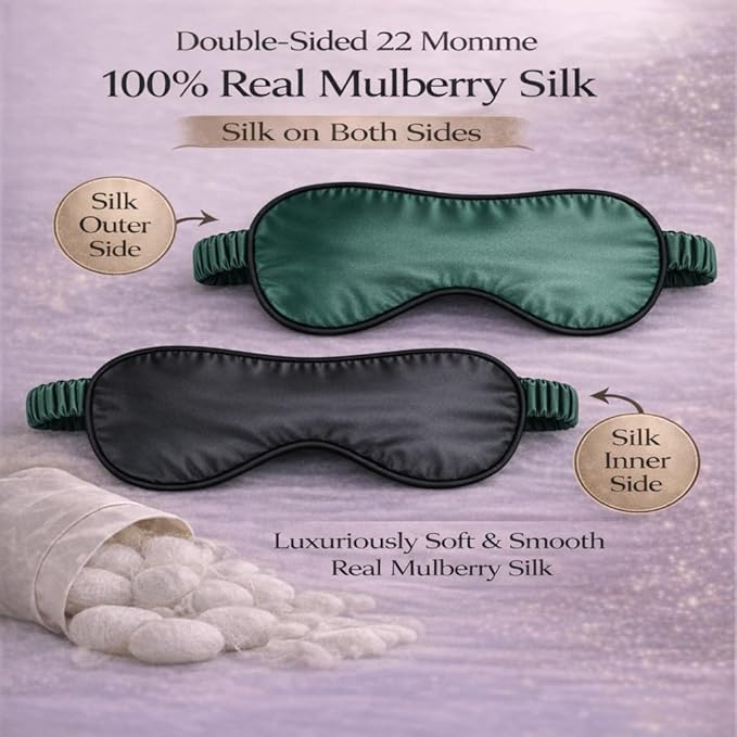 100% Mulberry Silk Sleep Mask for Women/Men Airplane Travel, Pure 22 Momme Silk Eye Mask Blackout for Sleeping, Ajustable, Luxury, Anti Wrinkle, Anti Aging Silk Blindfold, Made in USA (Emerald Green)