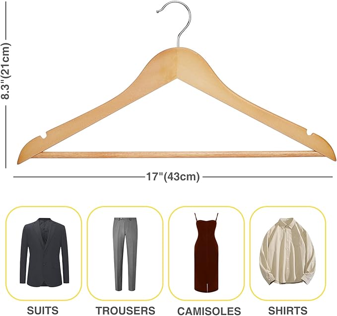 Wooden Hangers 90 Pack,Wooden Clothes Hanger for Daily Used,Heavy Duty Wood Hangers with Pant Bar & Precisely Cut Notches,Premium Hanger for Heavy Coats,Shirts,Suits,Dresses (Natural)
