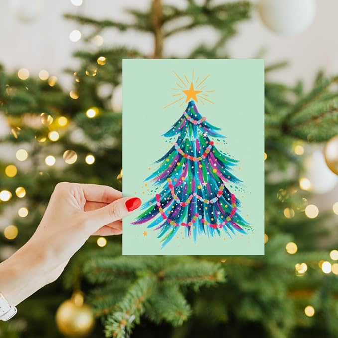 Tree-Free Greetings - Season's Greeting Card - Artful Designs - 1 Card + Matching Envelopes - Made in USA - 100% Recycled Paper - 5 x 7 - Green Tree (VO80705)