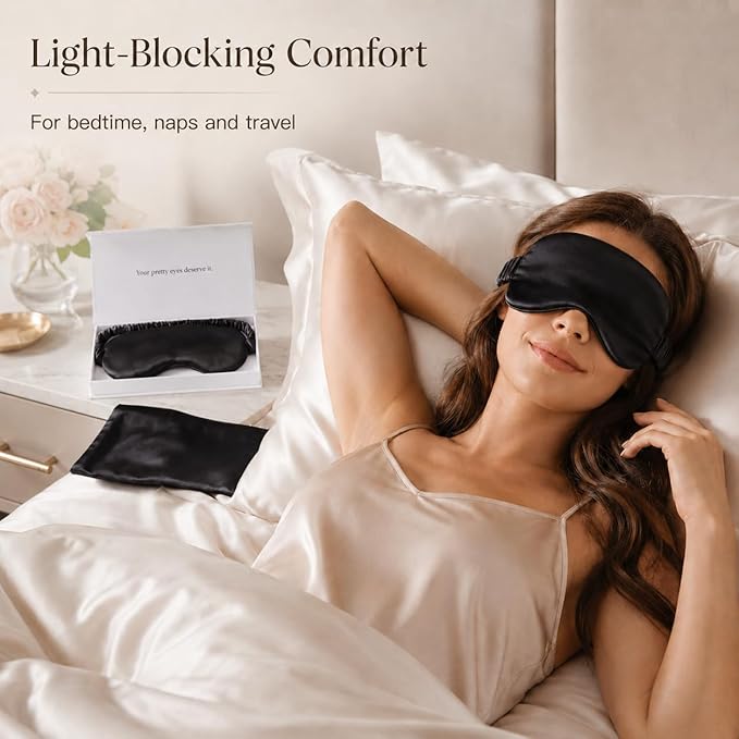 Silk Sleep Mask Light Blocking Luxury 100% Mulberry 19mm Silk Eye Mask Eye Cover Blindfold Ultra Soft Light & Comfy Anti Aging Skin Care with Travel Bag Gift Package
