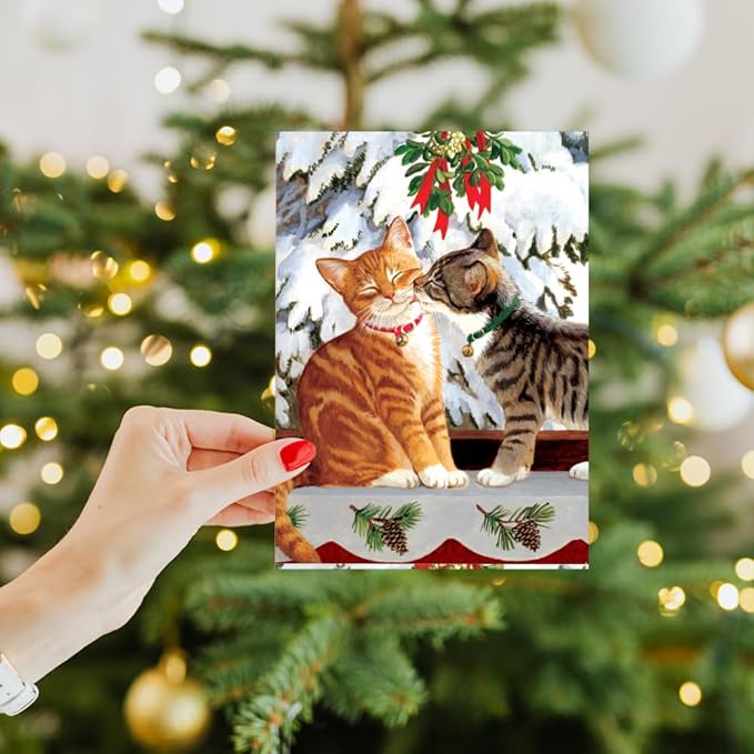 Tree-Free Greetings Kitten Kiss Holiday Cards - 10 Recycled 5x7 Cards & Matching Envelopes, Thick Cardstock, Sustainably Made in USA - Sweet Loving Joy