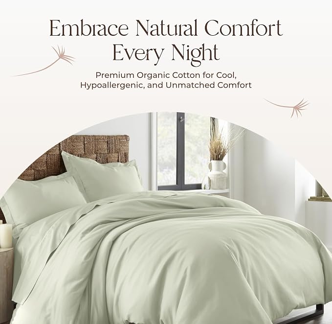 100% Organic Cotton Duvet Cover King Size - Naturally Soft Lightweight & Cooling Duvet Cover Set with Decorative Shams - Premium GOTS Certified 300 Thread Count Sateen Weave (Pastel Green, King)