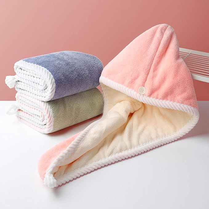 Microfiber Hair Drying Towel Wrap, Quick Dry Turban with Button Closure, Pink Blue Green, Super Absorbent, Soft Coral Fleece, White Trim