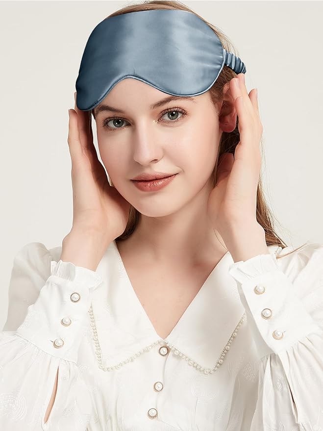 Mulberry Silk Blackout Adjustable Sleep Eye Mask for Men/Women Travel Plane,Ash Blue