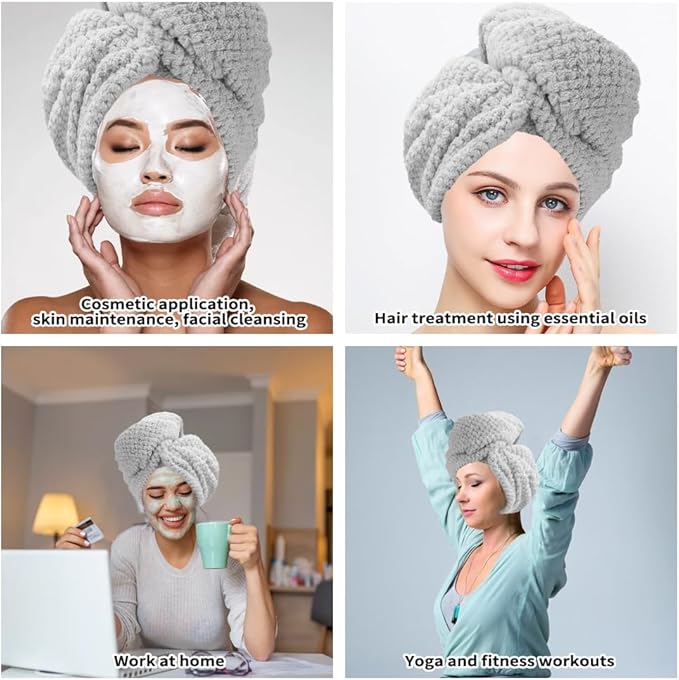 Microfiber Hair Towel Wrap for Women 2 Pack Hair Wrap Towels Anti Frizz Large Hair Drying Towel with Button Grey Hair Turban Towel for Curly Hair Straight Wavy Wet Hairs Quick Dry Hair Towel for Girl