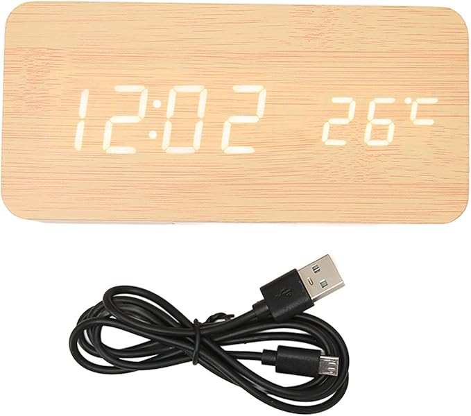Tyenaza Digital Alarm Clock, Wooden Battery Operated Clock LED Display Touch Sound Control BT Connection Digital Desk Clock for Bedroom Office Cafe
