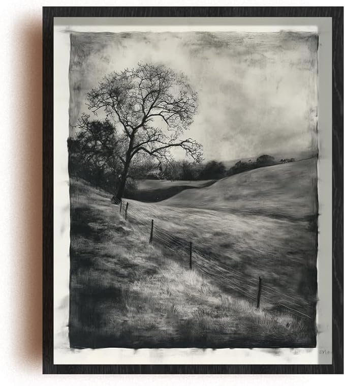 (Unframed) (8x10 Inch) Matte Wall Art Print Of Minimalism Drawing Poster Art featuring a charcoal sketch of a serene countryside - Modern Era - Eco-Friendly Poster, Custom Decor for Home, Office, Bed