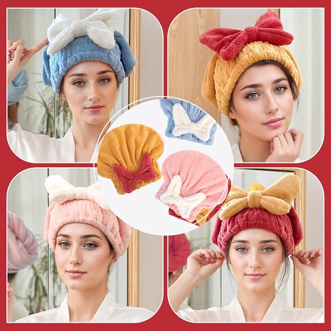 2PCS Microfiber Hair Drying Caps, Christmas Absorbent Hair Towel Wrap for Women Wet Hair Quick-Drying Hair Towels, Soft Bow Tie Wet Hair Towel Wrap for Party Favors Goody Bag Filler (Pink+Red)