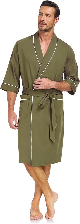 COLORFULLEAF 100% Cotton Men’s Summer Bathrobe Lightweight & Breathable Short Sleeve Kimono Robe with Pockets