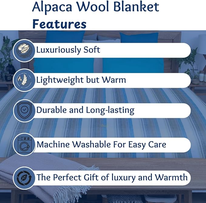DAVLINA, Alpaca Wool Throw Blanket | Super Soft, Lightweight, Breathable and Hypoallergenic | Non-Itchy or Scratchy (Blue White Varicolored, Striped)