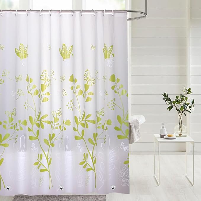Plastic Shower Liner - Premium PEVA 4G Shower Curtain Liner with Rustproof Grommets and 3 Weighted Magnets, Waterproof Shower Curtains for Bathroom (Green Butterfly)