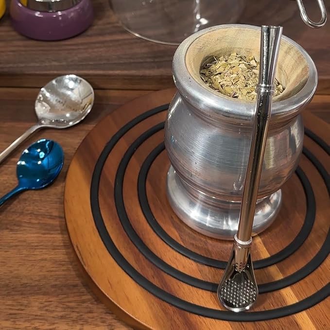CAFECITO Yerba Mate Bombilla Straws – Set of 2 | 304 Stainless Steel Gourd Drinking Filter Straw | Spoon Style with Built-In Strainer | 7.5 Inch Long | Sun of May Inspired Design