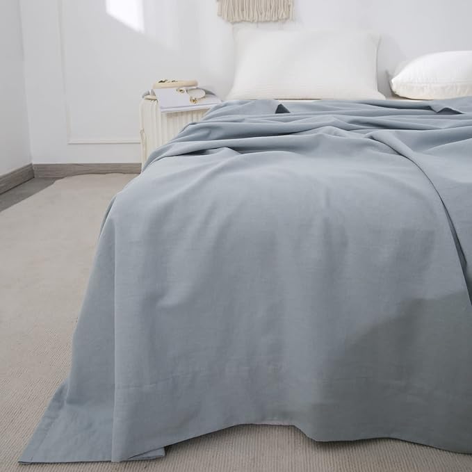BISELINA Linen Sheet French Flax Flat Sheet Only 55% Euro Linen 45% Cotton Basic Style Solid Color Soft Breathable Farmhouse Top Sheet 1-Piece (Full, Dusty Blue)