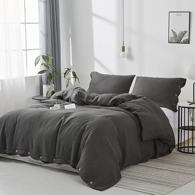 Simple&Opulence 100% Linen Duvet Cover Set 3pcs with Coconut Button Closure Natural French Washed Flax Solid Color Soft Breathable Farmhouse Bedding - Dark Grey, King Size