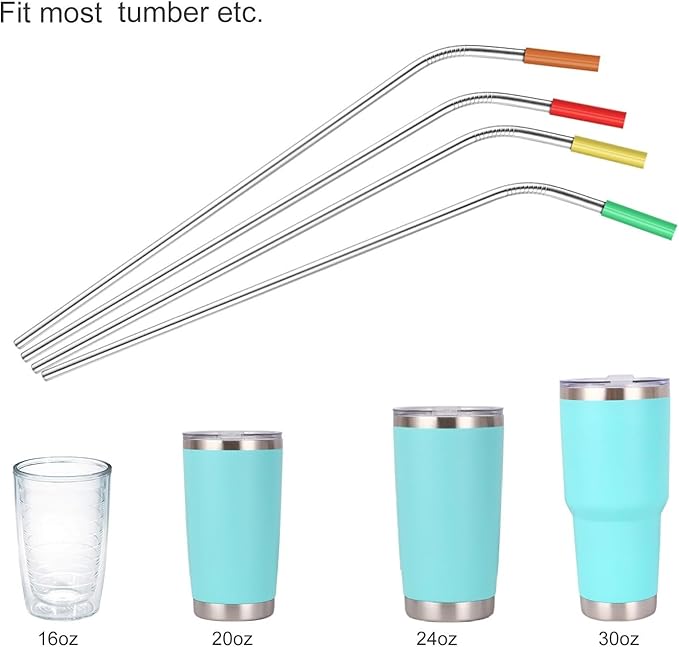 MUTNITT Set of 20 10.5" Reusable Bent Stainless Steel Straws with 20 Silicone Tips 5 Cleaning Brush 1 Travel Case Eco Friendly Extra Long Metal Straw Drinking for 20 24 30 oz Tumbler (Pack of 2)