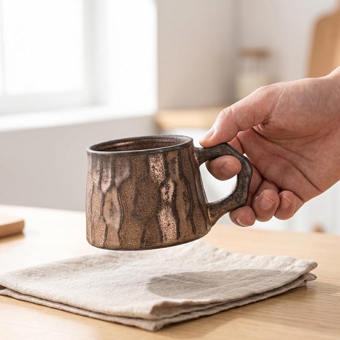Vintage Faceted Speckled Ceramic Coffee Mug with Saucer, Rustic Stoneware Cup for Tea Latte (YF-CS05)