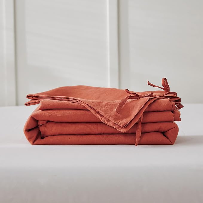 Simple&Opulence 100% Linen Duvet Cover Set 3pcs with Bowknot Ties Closure Natural French Washed Flax Solid Color Soft Breathable Farmhouse Bedding - Brick Red, Queen Size