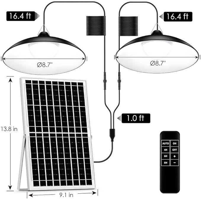 ZZE Solar Shed Light Indoor Outdoor with Dual Big 8.7” Dimmable Lamps, 2000LM Daytime Available Pendant Solar Powered Light with Remote Dusk to Dawn IP67 Waterproof for Gazebo, Storage, Shop, Barn
