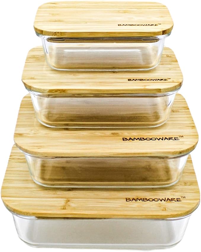 Bambooware Glass Containers with Lids | Non Plastic Glassware Set - Natural Raw Organic Wooden Bamboo Lids | Set of 4 | Reusable, BPA Free | Perfect for Meal Prep, Lunch, Leftovers, Kitchen
