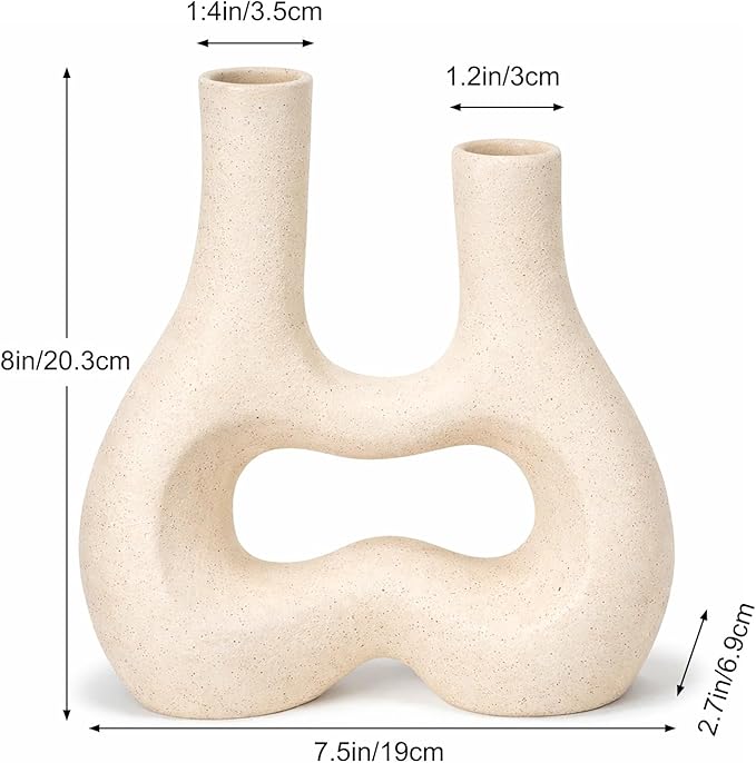 Modern Double Neck Hollow Vase, Minimalist Nordic Resin Sculpture for Home Decor, Boho Wabi-Sabi Vase for Living Room Bedroom Office Table Centerpiece (Ivory)