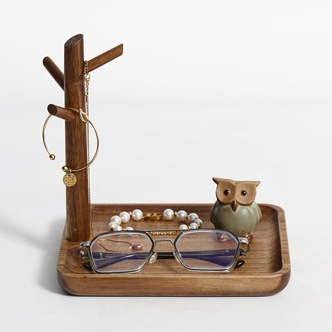 Solid Acacia Wood Key Tray and Bowl for Entryway Table - Jewelry Tray With 3 Hooks, Open Storage for Wallet, Glasses, Watches, Lipstick (Acacia, Square)