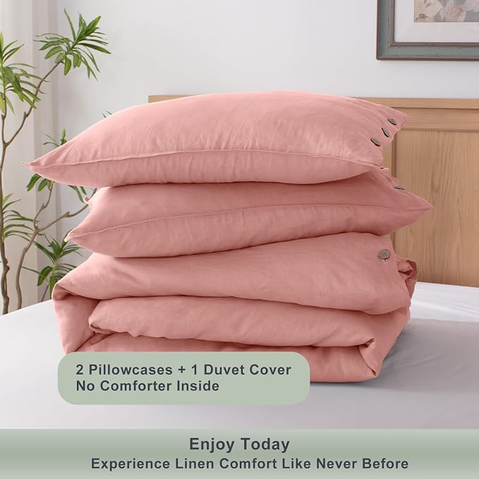 TOSMO 100% Linen Full Duvet Cover Set, Luxury French Flax Natural Linen Duvet Cover with Button Closure & Corner Ties, Cooling Breathable Comforter Cover 3 Piece (Rose Pink)