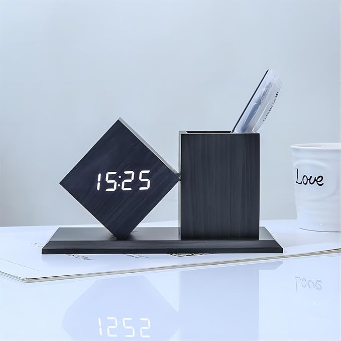Multifunctional LED Desk Clock with LCD Temperature Calendar 3 Level Brightness Adjustment Sound Activated Pencil Pen Holder Desk Organizers for Home Office