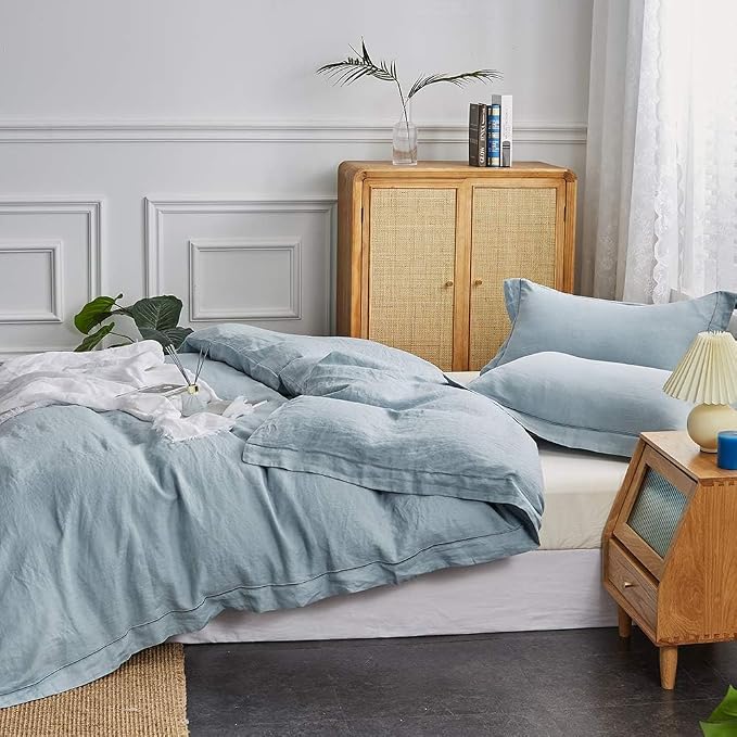 Simple&Opulence 100% Washed Linen Duvet Cover with Embroidered, 2 Pieces Soft Farmhouse Comforter Set with Button Closure,1 Duvet Cover and 1 Pillowsham(Twin,Dusty Blue)