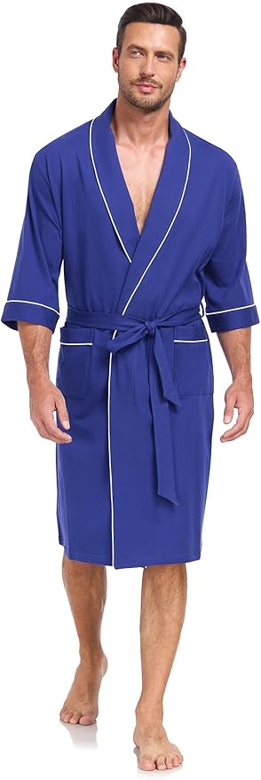 COLORFULLEAF 100% Cotton Men’s Summer Bathrobe Lightweight & Breathable Short Sleeve Kimono Robe with Pockets
