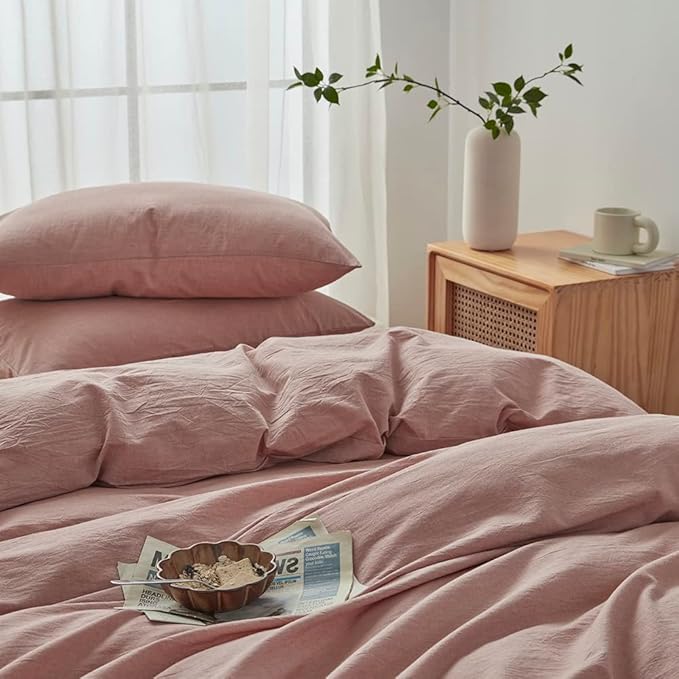 FACE TWO FACE Bedding Duvet Cover Set100% Washed Cotton Duvet Cover Linen Like Textured Breathable Durable Soft Comfy (California King, Old Pink)