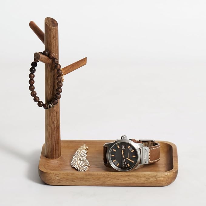 Solid Acacia Wood Key Tray and Bowl for Entryway Table - Jewelry Tray With 3 Hooks, Open Storage for Wallet, Glasses, Watches, Lipstick (Acacia, small)