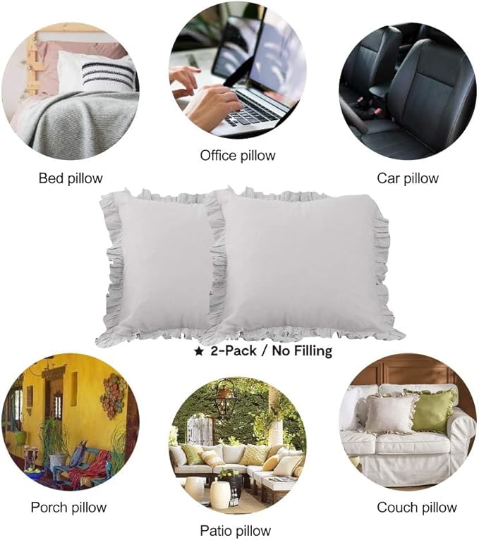 100% French Linen Throw Pillow Covers - Set of 2 - Washed Flax Decorative Ruffled Square Cushion Cover Solid Color Soft Breathable - Grey, 18'' x 18''