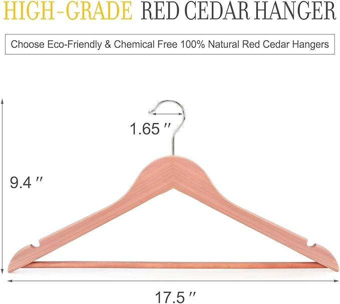 TOPIA HANGER American Red Cedar Wooden Hangers 30 Pack, Clothes Hangers for Closet, Wood Suit Hangers with Smooth Cut Notches, 360°Flexible Hook, Non-Slip Pants Bar(Natural)-CT07C30