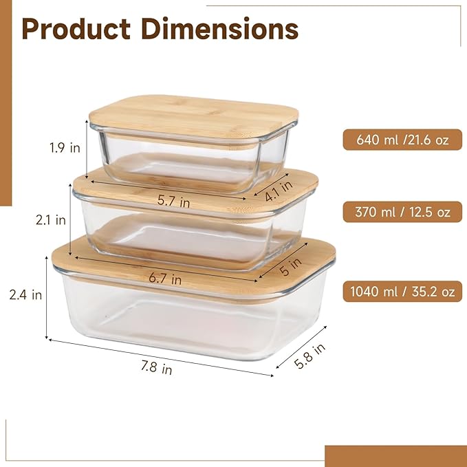 3 Pcs Glass Containers with Silicone-Sealed Wood Lids, 12.5 oz - 35.2 oz Stackable Meal Prep Food Storage Containers Set, Reusable Lunchbox for Picnics, Lunches