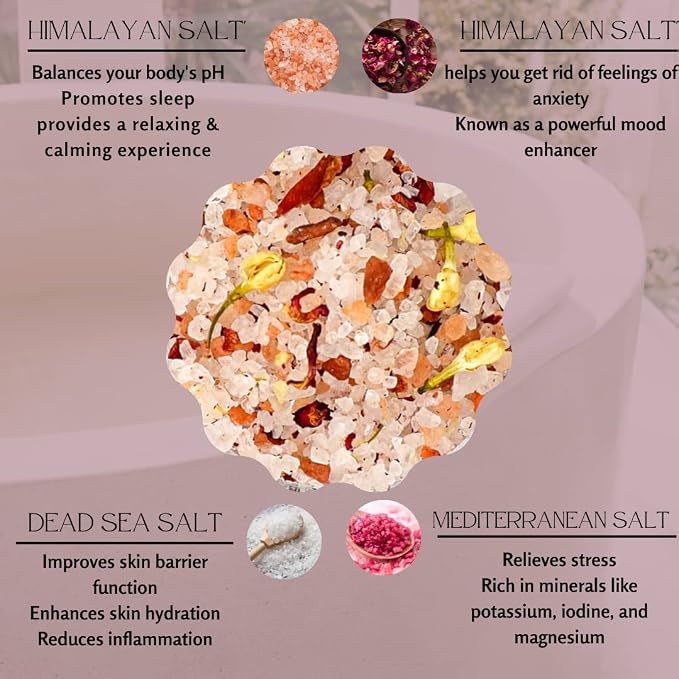 OMM Collection Natural Floral Soaking Bath Salt - Detox Body & Foot Soak - Bath Salt with Rose & Jasmine Petals - Pink Himalayan & Dead Sea Salt Flakes - Relaxing Bath Soak (Jasmin Rose)