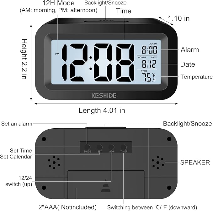 Travel Digital Alarm Clock,Battery Operated with Backlight, Indoor Temperature, Desk Small Clock,Snooze Model,12/24H Display for Bedrooms Heavy Sleepers Kids Travel Bathroom (Black)