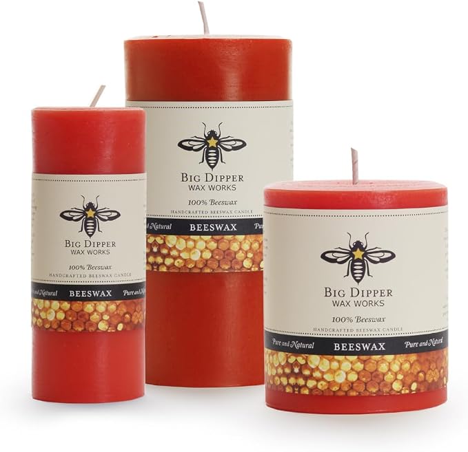 Big Dipper Wax Works Pumpkin Orange Pillar Candle, 90-Hour Long Burn, Pure Beeswax Candle, 3" x 6”