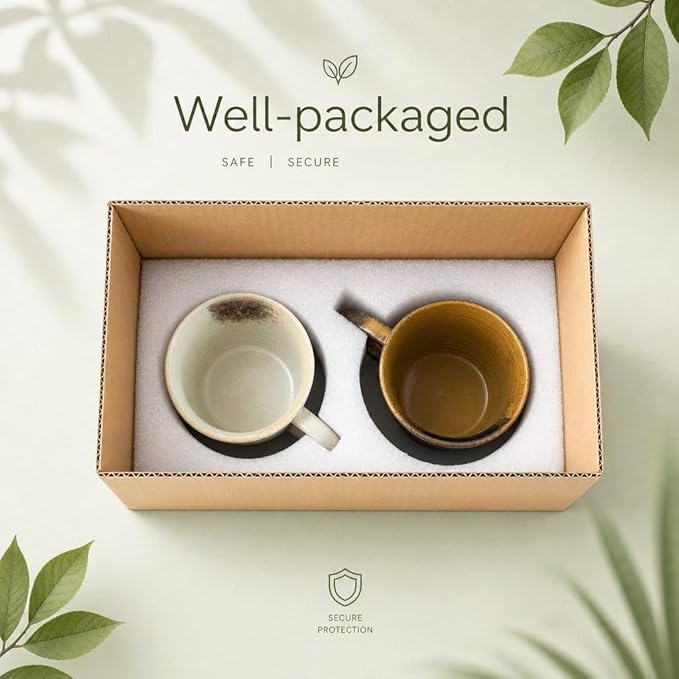 Unique Retro Vintage Japanese Style Primitive Handmade Ceramic Coffee Mug set of 2, Lead-Free Glaze Couple Mugs, Comfortable handle Pottery matching cups for anniversaries and Valentine's Day