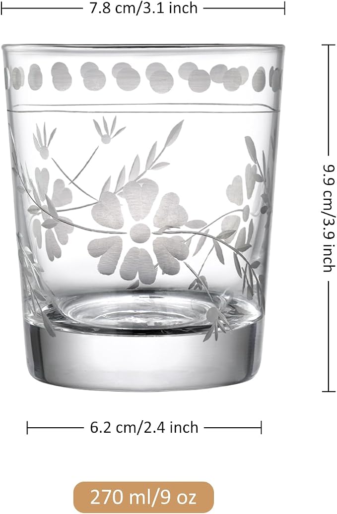 Joeyan Hand Blown Etched Drinking Glasses,Clear Water Glass Cups with Floral Pattern,Aesthetic Tumblers Glassware Set for Beverages Juice Cocktail Whiskey,9 oz,Set of 4,Dishwasher Safe